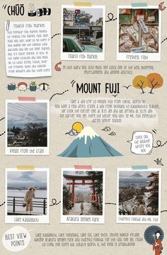 an info sheet with many different things in the background and pictures on it, including mountains,