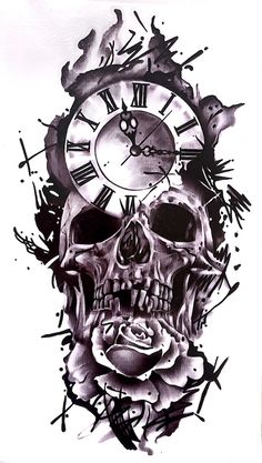 a drawing of a skull with a clock on it's face