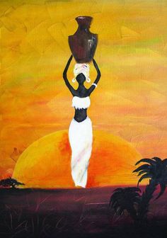 an oil painting of a woman carrying a pot on her head with palm trees in the background