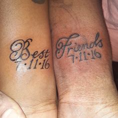 two people with tattoos on their arms that say best friends and sisters in cursive font