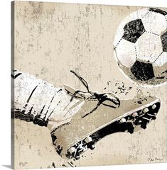 a soccer ball and glove are flying through the air with grungy paint on it