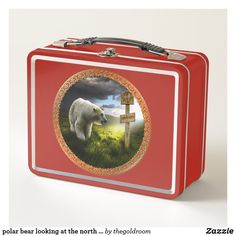 polar bear looking at the north pole wooden sign metal lunch box.comes in 6 colors..#metal #lunch #box #lunchbox White Lunch, The North Pole, Food Fresh, North Pole, Wooden Sign, Polar Bear