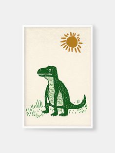 Vintage Dinosaur Sunrise Poster with White Wooden Frame Dinosaur Poster, Vintage Dinosaur, Dinosaur Posters, Beige And Green, Green Dinosaur, Pink Dinosaur, Dinosaur Design, Home Poster, New Poster