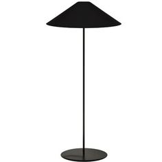 a black floor lamp on a white background with the shade off and one light turned on