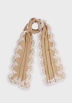 Woven from a fine silk and wool blend, this natural scarf features a contrasting beige bold scalloped edging lace border. This chic and contemporary accessory keeps you stylishly warm. Chic Beige Shawl For Spring, Elegant Shawl Scarf With Lace Trim, Elegant Beige Shawl For Spring, Elegant Lace Trim Shawl Scarf, Elegant Cream Shawl With Embroidered Border, Elegant Cream Lace Shawl, Beige Embroidered Pashmina Shawl, Contemporary Accessories, Lace Border