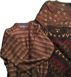 Retro Brown Knitted Tops, Retro Knitted Brown Tops, Casual Fair Isle Sweater For Layering, Casual Sweater With Fair Isle Pattern For Layering, Brown Crew Neck Top With Fair Isle Pattern, Casual Brown Top With Fair Isle Pattern, Retro Crew Neck Sweater For Layering, Vintage Brown Knit Top, Vintage Crew Neck Sweater For Layering