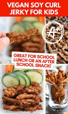 Vegan jerky made from soy curls in a kids school lunch and served as an after school snack. Vegan Kids Lunch, Vegan Recipes For Kids, Vegan Jerky, Vegan Kids Recipes, Kids Lunch Recipes, After School Snack, Vegan Kids