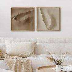 two framed art prints on the wall above a white couch and coffee table in a living room