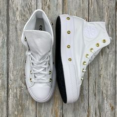 High-Top Platform Shoe With A Cotton Canvas Upper And Faux Leather Backstay Ortholite Cushioning Helps Keep You Comfortable Gold Eyelets And Studs Elevate Your Look Blacked-Out Outsole For A Pop Of Contrast Tonal Chuck Taylor Ankle Patch Women’s Size 8 Men’s Size Converse White Platform Sneakers With Studded Outsoles, White High-top Sneakers With Studded Outsoles, Converse White Leather Platform Sneakers, Platform Shoe, Studded Sneakers, Converse White, Star Studs, Converse Chuck Taylor All Star, Womens Converse