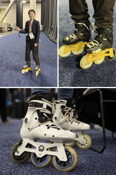 a man in suit and tie standing next to two roller skates on carpeted floor