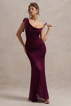 Sangria Burgundy Satin Jacquard Cowl-Neck Maxi Dress – Club L London - USA Maxi Dresses Uk, Club L London, Dresses Club, Black Dress Prom, Black Tie Gala, Rich Burgundy, Party Dress Long Sleeve, Christmas Party Dress, Sheer Skirt