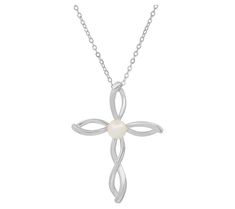 Inspire your everyday look with this delicate cross pendant that centers on a lustrous cultured freshwater pearl. Elegant Pearl Necklace With Cross Pendant, Elegant Cross Necklace With Pearl Pendant, Elegant Cross Pendant Necklace With Pearl Drop, Elegant Cross Necklace With Pearl Drop, Elegant Pearl Drop Cross Pendant Necklace, Elegant Cross-shaped Pearl Necklace With Charm, Elegant Cross-shaped Pearl Pendant Necklace, Elegant Silver Cross Pearl Necklace, Elegant Cross Necklace With Pearl Chain