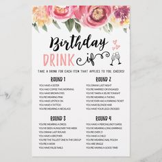 a birthday drink list with flowers on it