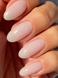 Neutral Nail With Sparkle, Sparkly Blush Nails, Bubble Bath Nails With Sparkles, Bubble Bath With Sparkle Nails, Subtle Pink Sparkle Nails, Cream Sparkly Nails, Shimmery Gel Nails, Translucent Sparkle Nails, Sparkly Pale Pink Nails