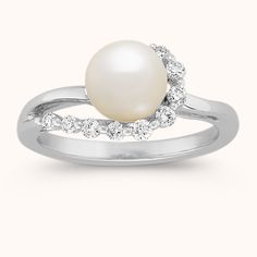 6mm Akoya Pearl and Diamond Ring in 14k White Gold | Shane Co. Pearl Wedding Ring, Ruby Rings, Pearl Engagement Ring, Traditional Engagement Rings, Pearl And Diamond Ring, Jewelry Catalog, Round Diamond Ring, Pearl Diamond, Jewelry Diy