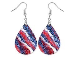 Red, White, and Blue Milkyway Dangle Earrings   These beautiful Red, White, and Blue Milkyway dangle statement earrings are made with MDF wood and printed on both sides. We do not use any vinyl or stickers. The material is engineered with a special glossy surface that accepts the image with vibrant colors.  Each pair is handmade and packaged in our studio in Illinois! The teardrop earrings 1.5" long and 1" wide for the actual teardrop and 1/8" thick. They hang about 2.25" long from the top of th Patriotic Multicolor Dangle Jewelry, Patriotic Drop Earrings Jewelry Gift, Patriotic Silver Dangle Earrings, Silver Dangle Patriotic Earrings, Patriotic Nickel-free Earrings For Gift, Patriotic Red Drop Earrings, Patriotic Multicolor Earrings As Gift, 4th Of July Earrings, Patriotic Earrings