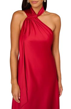 Turn heads in this fiery-hued satin dress designed with a draped-scarf halter neckline and asymmetric hem. 51" length Hidden side-zip closure Halter neck Lined 96% polyester, 4% elastane Dry clean Imported One Shoulder Pre-draped Satin Party Dress, Sleeveless Satin Finish Pre-draped Dress, Satin Mini Dress With Ruched Asymmetrical Neckline, Pre-draped Mini Dress For Gala, One Shoulder Satin Dinner Dress, One-shoulder Satin Dinner Dress, One Shoulder Satin Dress For Dinner, Evening Dresses With Satin Finish And Asymmetrical Neckline, Satin Finish Sleeveless Halter Dress For Summer