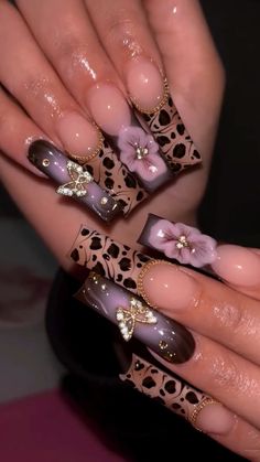 @toptierprincess Nail Inspiration Birthday, Fall Nails Unique, Fall Y2k Nails, Purple And Brown Nails, Pink And Brown Nails Design, Nails Cute Aesthetic, Leopard Nails Designs, Brown Nail Designs