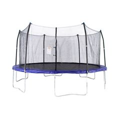 a blue trampoline with net attached to the side and two poles on each side