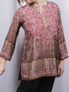 Fall Chikankari Embroidery Kurta, Fitted Floral Embroidered Kurta For Fall, Fitted Kurta With Floral Embroidery For Fall, Embroidered Fitted Kurta For Fall, Embroidered Silk Tunic With Long Sleeves, Embroidered Silk Long Sleeve Tunic, Silk Embroidered Long Sleeve Tunic, Long Sleeve Silk Embroidered Tunic, Fitted Bohemian Kurta For Fall