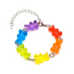 Colorful Bear Bracelet Get ready to add some kawaii charm to your look with our Colorful Bear Bracelet. This adorable accessory features a variety of colorful bears that will brighten up any outfit. Made with high-quality materials, this bracelet is both cute and durable, making it the perfect addition to your jewelry collection. Length: 22 cm/8.6 in Gummy Bear Jewelry, Kidcore Accessories, Y2k Bracelets, Boogzel Apparel, Candy Witch, Bear Bracelet, Goth Hippie, Kawaii Bear, Pastel Candy