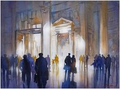 a painting of people standing in front of a building with lights coming from the entrance