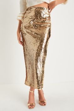 Impressing everyone you meet with your iconic style will be more than easy when you're wearing the Lulus Dazzling Appearance Gold Sequin High-Rise Midi Skirt! Shimmering gold sequins dance across this must-have skirt that features an elasticized waistband and pencil-style silhouette that'll perfectly flatter your curves as it falls to a sophisticated midi hem. Kick pleat at the back. Hidden back zipper/clasp. Fit: This garment fits true to size. Length: Ankle length. Size medium measures 38.5" f Glamorous Maxi Skirt For Party Season, Chic Fitted Gold Maxi Skirt, Chic Gold Lined Skirt Bottoms, Chic Gold Bottoms With Lined Skirt, Glamorous Formal Pencil Skirt, Glamorous Gold Long Skirt, Glamorous Long Gold Skirt, Elegant Lined Gold Skirt, Gold Pencil Skirt For Night Out