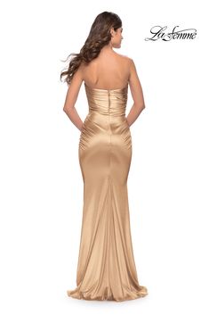 La Femme 32300 Chic strapless stretch satin dress with flattering ruching detail. Back zipper closure. Stretch Strapless Ruched Dress For Prom, Stretch Ruched Strapless Dress For Prom, Strapless Ruched Dress With Draped Fitted Bodice, Ruched Strapless Dress With Draped Fitted Bodice, Formal Strapless Satin Fitted Dress, Formal Fitted Strapless Satin Dress, Formal Strapless Dress With Ruched Detail, Formal Fitted Strapless Dress With Satin Finish, Formal Ruched Strapless Dress