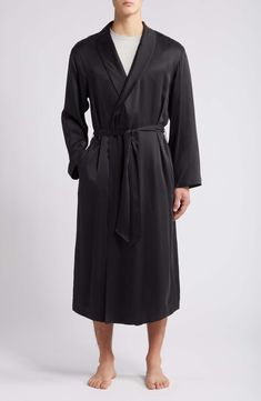 This silk robe is thermoregulating, breathable and perfect for lounging—best of all, it can go in the washing machine. Shawl collar Long sleeves Side-seam pockets Removable tie belt 100% silk Machine wash, dry flat Imported Silk Fitted Robe For Loungewear, Fitted Silk Robe For Loungewear, Silk Robe With Tie Waist For Loungewear, Silk Tie Waist Robe For Loungewear, Long Sleeve Silk Robe For Home, Silk Long Sleeve Home Robe, Long Sleeve Silk Robe, Luxury Fitted Long Sleeve Robe, Classic Long Sleeve Robe For Loungewear