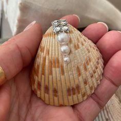 Proposal seashell ring box made from a gorgeous Florida Gulf Coast seashells are stunning!    These gorgeous handmade seashell ring holders are perfect for beach proposals.  They are embellished with silver or gold rhinestones that serve as a hinge and are finished with staggered half pearls for added delight. They have minimal bling in order to be the perfect surprise proposal ring holder.  It will include a clear cord to keep the seashell closed. Simply place ring inside, close and place clear Ocean-inspired Silver Jewelry For Wedding, Elegant Shell-shaped Ring For Gifts, Elegant Shell Jewelry For Anniversary, Elegant Shell Jewelry For Wedding, Handmade Elegant Wedding Accessories, White Shell For Wedding, Shell-shaped Shell Jewelry For Wedding, Handmade Shell Jewelry For Wedding, Ocean-inspired Shell Jewelry For Wedding