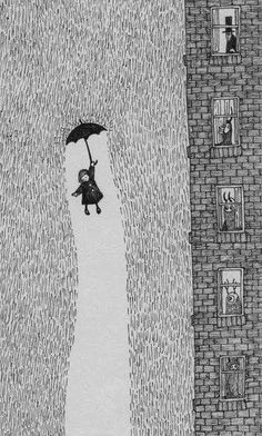 a drawing of a person holding an umbrella in the rain