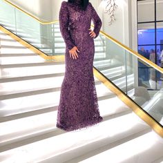 Mac Duggal - Sequin Long Sleeve Column Gown Size: 8 Color: Aubergine 63" Length; 6 1/2" Train Elegant Purple Lace Evening Dress, Luxury Full-length Evening Dress For Wedding, Luxury Full Length Evening Dress For Wedding, Purple Long Sleeve Evening Gown, Full-length Lace Gowns For Gala, Lace Full Length Evening Dress For Gala, Luxury Fitted Floor-length Mother Of The Bride Dress, Full Length Lace Evening Dress For Gala, Lace Full-length Gala Gown