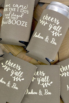 Taupe color wedding beer can coolers personalized with cheers yall design and bride and groom name in ivory print Wedding Reception Guest, Bachelorette Party Accessories, Wedding Reception Favors, Frugal Wedding, Wedding Koozies, Custom Koozies, Camp Wedding