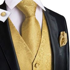 FEATURES Includes: Waistcoat, Necktie, Pocket Square and Cufflinks Material: 100% Handmade Silk Occasion: Wedding, Party, Business, Daily Look Gives your wardrobe an upscale look Free Worldwide Shipping Gold Man, Tuxedo Vest, Mens Suit Vest, Waist Jacket, Suit Waistcoat, Street Sweatshirt, Vest And Tie, Suit Dress, Mens Vests