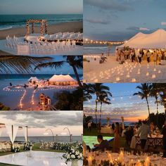 a collage of pictures with people at an outdoor event and the ocean in the background