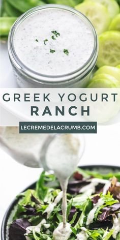 greek yogurt ranch in a bowl with dressing being drizzled over it