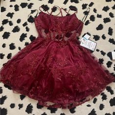 Red Tulle Dress With Floral Appliqu. Mesh Detail And Cross Back. Nwt Size 8/10 Navy Lace Prom Dress, Red Sparkle Dress, Maroon Long Dress, Dark Red Prom Dress, Blue Sequin Prom Dress, Red Tulle Dress, Sparkly Party Dress, Gown For Prom, Sparkly Party