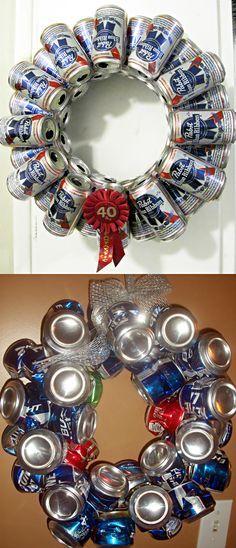 a wreath made out of cans is hanging on the door and in front of it