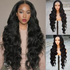 PRICES MAY VARY. 【Wig information】:This black body wave lace front wig is 32 inches long, super soft and light, only 0.6lb,meets all your expectations for long wavy hair. 【Hair Material】:Long lace frontal wigs, adopting 100% premium high temperature fibers, which has natural luster and close to the human hair texture. 【Transparent Lace 】:13x6 lace front ear to ear, made of real Swiss Transparent Lace that is very invisible and fit all the skin tones. The natural baby hair on the forehead makes t Black Lace Front Wigs, Texture Transparent, Body Wave Wigs, Preppy Hairstyles, Wigs Long, Glueless Wig, Lace Body, Body Wave Wig, Hair Texture