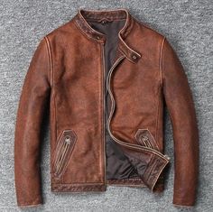 Men's Genuine Leather Care Racer Vintage Style Distressed Brown Leather Jacket Mens Handmade Real Cowhide Leather Coat... "This coat is made with high quality A grade Medium weight Genuine Cowhide Leather" Material, Genuine Cowhide Leather Lining, Polyester Lining  Collar, Stand Closure, Zipper  Sleeve, Long Sleeves  Colour, Distressed Brown Style, Cafe Racer *Shipping Policy: We Offer Worldwide Shipping.  * We ship our every product at the mentioned time for customer gratification.  * We ship e Brown Leather Biker Jacket With Stand Collar, Brown Leather Outerwear With Stand Collar, Vintage Biker Jacket For Business In Fall, Fall Vintage Biker Jacket, Male Motorcycle, Mens Leather Jacket, Stylish Leather Jacket, Mens Leather Coats, Brown Streetwear