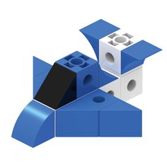 two blue and one white legos are stacked on top of each other