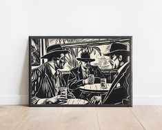 a black and white drawing of three men sitting at a table with drinks in front of them