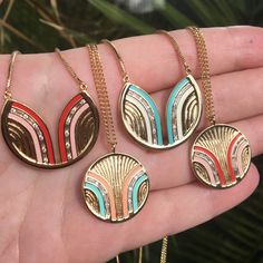 "Inspired by those 70's banded lines we love, and the historic pastel Art Deco South Beach hotels Coral and Cinnamon colored enamel, with clear round/baguette CZs 23mm round pendant. Chain is 16\" with a 2\" extender chain Tarnish resistant, heavy 14K Gold over Brass A Gold Filled chain upgrade is available, choose \"gold filled chain\" from the drop box at checkout" Pastel Art Deco, Gold Coin Choker, Minimalist Ear Cuff, South Beach Hotels, Trend Jewelry, Gold Chain Choker, Drop Box, Enamel Necklaces, Gold Necklace Layered