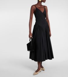 Solene cotton poplin midi dress in black - Tove | Mytheresa Elegant Embroidered Cotton Midi Dress, Chic Cotton Midi Length Dress, Chic Cotton Dress With Midi Length, Cotton Knee-length Maxi Dress For Daywear, Chic Cotton Midi Dress For Daywear, Cotton Knee-length Midi Dress For Casual Wear, Cotton Midi Dress For Evening, Cotton A-line Maxi Dress For Work, Casual Cotton Evening Dress