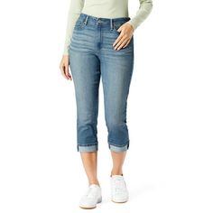 Signature by Levi Strauss & Co. Women's Mid Rise Capri Jeans are made with soft, stretchy denim, so they move with you but keep their shape. With a slim fit through the thigh and leg, they crop right at the bottom of the calf and end with a flattering one-and-done cuff. The perfect pair for showing off any shoes you choose. Size: 2.  Color: Blue.  Gender: female.  Age Group: adult. Levi Mom Jeans, Animal Print Jeans, Jean Capris, Levi Strauss Jeans, Dark Blue Jeans, Printed Jeans, Levi Jeans 501, Capri Jeans, Best Jeans