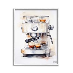 a watercolor painting of an espresso machine with three cups on the front