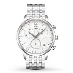 This Tradition chronograph men's watch from Tissot features a classic silver-tone dial set in a modern stainless steel case with a narrow bezel. A contemporary stainless steel link bracelet adds a fresh look and secures with a push-button deployment clasp. The men's watch features a quartz chronograph movement and has a scratch-resistant sapphire crystal. Style # T0636171103700. Available online while supplies last. Previously Owned Treasures are not eligible for in-store pick-up. Previously Own Tissot Chronograph, Tissot Mens Watch, Tissot Watches, Swiss Army Watches, Invicta Watches, Seiko Watches, Dress Watch, Swiss Watches, Rolex Datejust