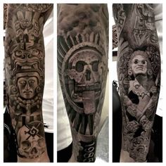 three different tattoos on the legs of men with skulls and faces in them, all done by