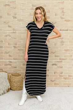 This striped V-Neck basic maxi dress with cuffed short sleeves, side pockets and side slits is sure to be a long-term closet staple. With a double Round Hem that's lightweight. Dress unlined. Lightweight + Stretchy 95% Rayon, 5% Spandex Wash cold, hang dry True to size, maxi fit *Measurements listed below are of the actual clothing item* S: Chest 36" Length 51"M: Chest 38" Length 51"L: Chest 40" Length 52"1XL: Chest 44" Length 51"2XL: Chest 46" Length 51" 3XL: Chest 48" Length 52"Model Grace is Basic Maxi Dress, Striped Maxi Dress, Lightweight Dress, Striped Maxi, Striped Maxi Dresses, Bottom Clothes, Chic Boutique, Black Maxi Dress, Black Media