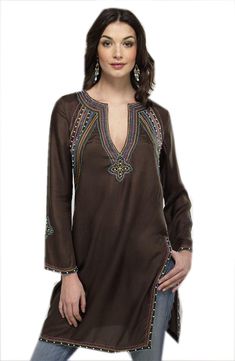 Women Brown Cotton Tunic with stones and beads work /Neck Embroidered Top / Casual Dress / Ladies Tunic Top / Party Dress / Sum ✔This Tunic dress is made from 100% Cotton. ✔High-quality soft fabric makes you feel soft and comfortable. ✔It's a casual style, suitable for leisure, party and special occasions. ✔The pattern of the dress makes it eye-catching. ✔ Mid-thigh length dress. ✔ Neck embroidery work with stones and beads ✔ Sleeve: Bracelet sleeve; ✔ Gentle Hand Wash ---- Custom orders are ava Blus Sifon, Tunic Kurti, Long Sleeve Embroidered Dress, Moda Hippie, Indian Tunic, Summer Tunics, Estilo Hippie, Stil Boho, Salwar Kamiz